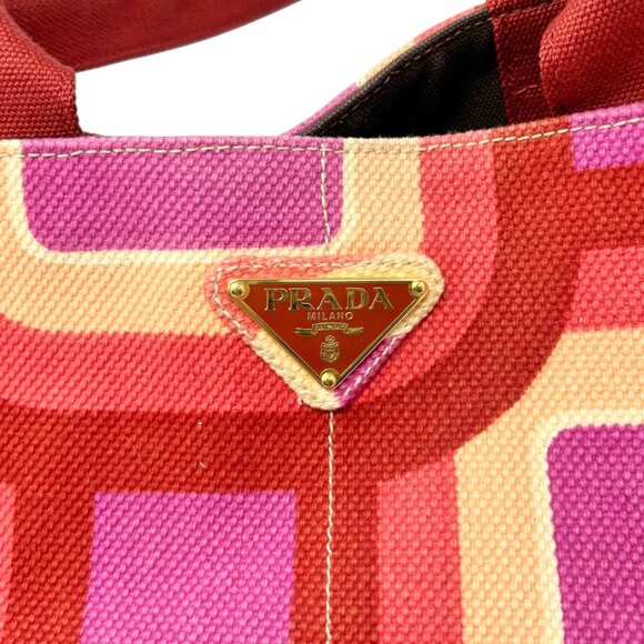 PRADA Vintage Logo Tote Bag Canapa Stampata Canvas Multicolor Red Pink  [105524] - Picture 10 of 15